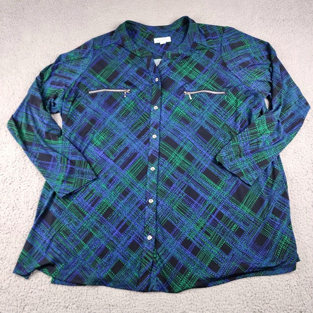 Susan Graver Top Womens 2X Blue Geometric Blouse Tunic Buttons Business Artsy